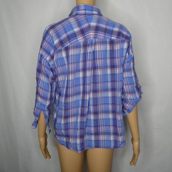 Black by Moussy Plaid Button Up Tab Sleeve Shirt Blue Pink Lighyweight - Picture 9 of 9